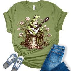 Cottagecore Frog Playing Guitar Floral T-Shirt