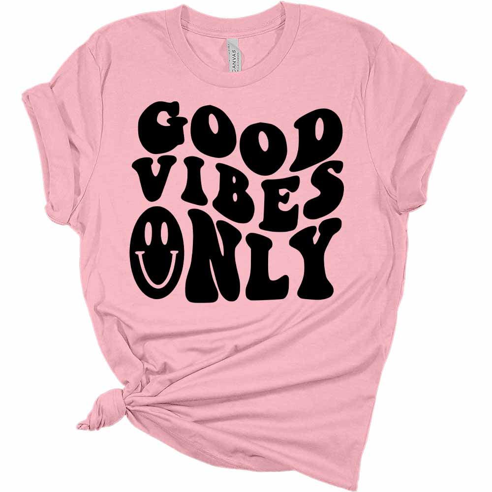Womens Good Vibes Only Shirt Retro T-Shirt Groovy Graphic Tees Letter Print Vintage Summer Tops