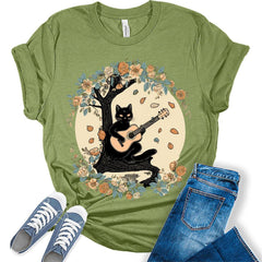 Womens Cat Playing Guitar in a Tree Shirt
