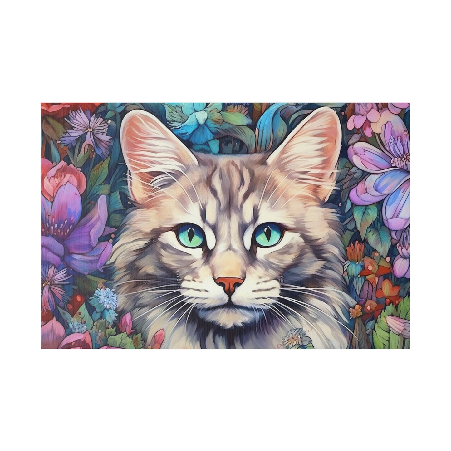 Purple Floral Cat Watercolor Stretched Canvas Print .75" Thick