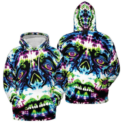 Tie Dye Hoodie Trippy Face  Art Blue Green Paint Graphic Print Hoodies