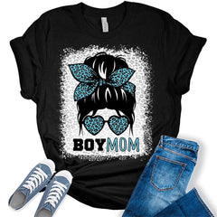 Women's Boy Mom Shirt Mama T Shirts Funny Messy Bun Mom Graphic Print Tees