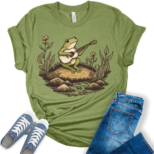 Frog Shirt Womens Cottagecore Shirts Cute Toad Playing Banjo Clothes Graphic Aesthetic T-Shirt