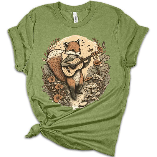 Womens Cottagecore Shirt Fox Playing Music T-Shirt Aesthetic Graphic Tee Short Sleeve Top