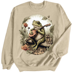 Frog Playing Music Sitting On Log Crewneck Sweatshirt