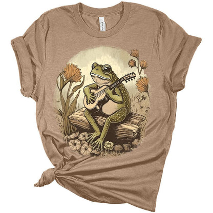 Womens Frog Shirt Cute Frog Playing Guitar Cottagecore T-Shirt Casual Graphic Tee Short Sleeve Top
