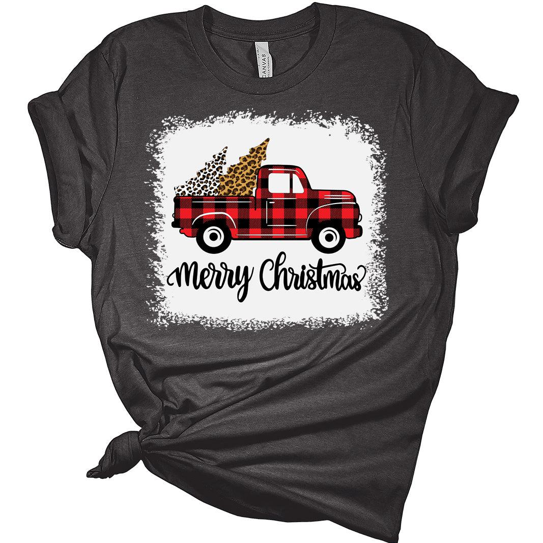 Christmas Tree Red Truck Pajama Vintage Buffalo Plaid Truck Bleach Print Bella T-Shirt