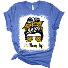 Mom Life Bleached Print Shirt With Sunflower Hair Bun Women's Bella Mom T-Shirt