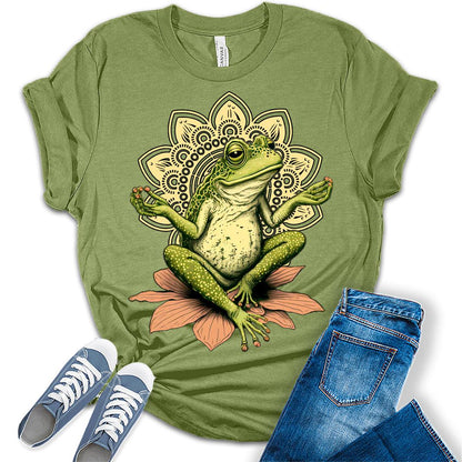 Womens Mushroom Shirts Casual Ladies Frog Graphic Tees Short Sleeve Cottagecore T Shirts Plus Size Summer Tops for Women, Zen Frog