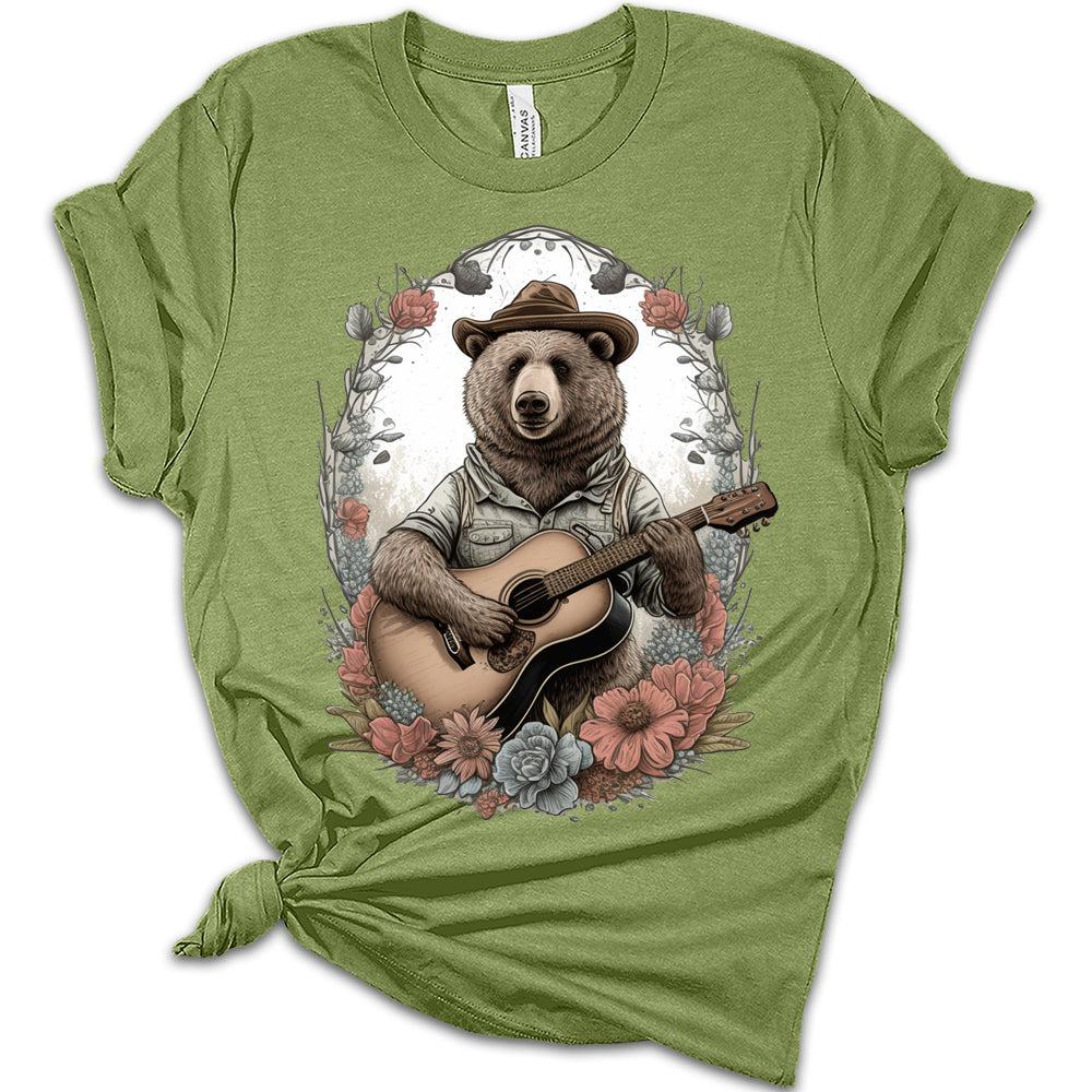 Womens Cottagecore Shirt Bear Playing Guitar T-Shirt Cute Floral Graphic Tee Short Sleeve Top