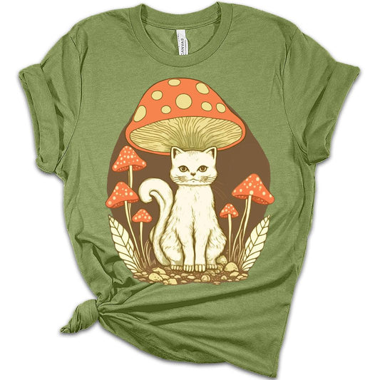 Womens Cat Shirt Cute Kitten Sitting Under Mushroom T Shirts Cottagecore Clothing Aesthetic Graphic Tees