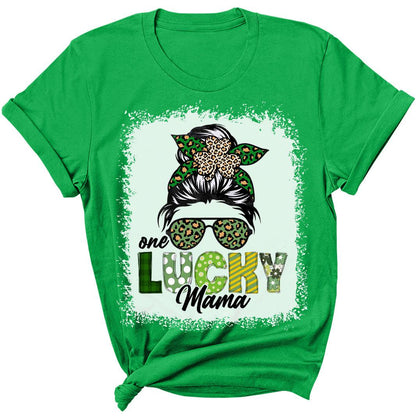 Womens One Lucky Mama Shirt Leopard Shamrock St Patricks Day Mom T-Shirt Irish Graphic Print Tee