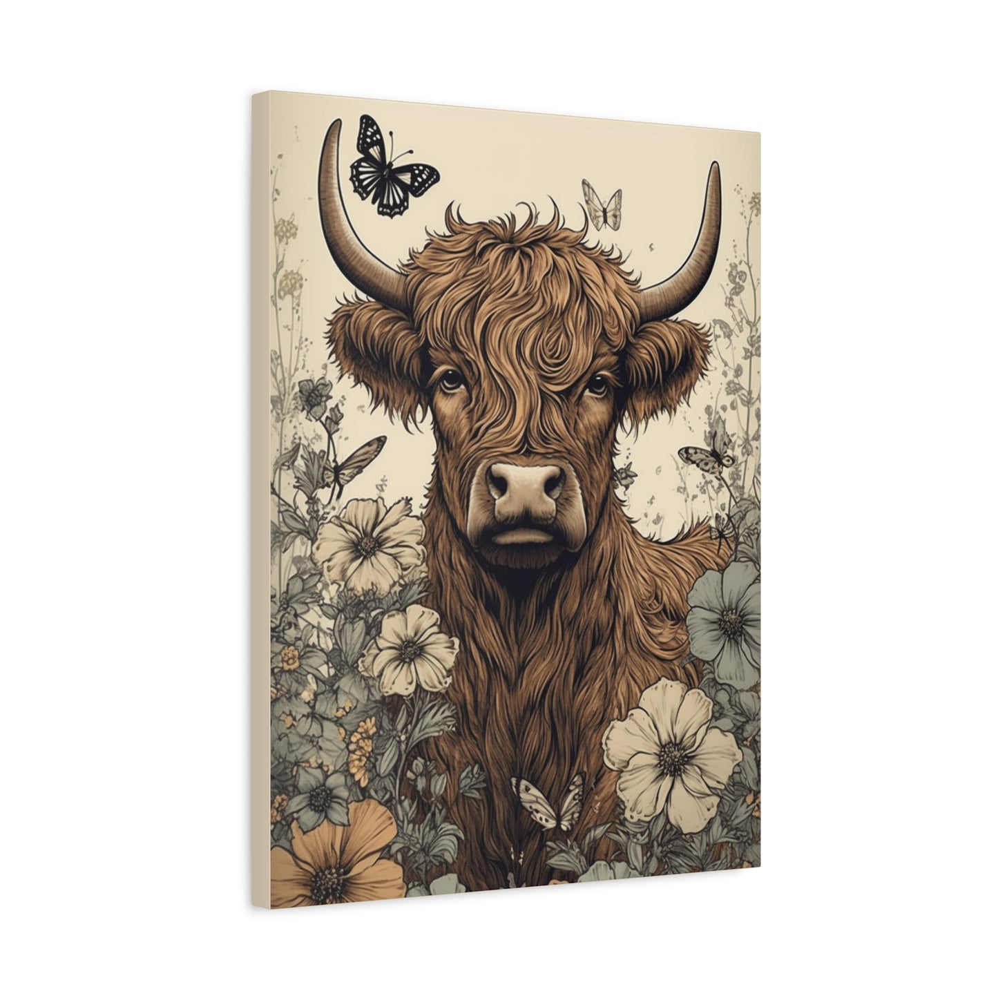 Highland Cow in a Spring Pasture Stretched Canvas Print Stretched 1.25" Thick