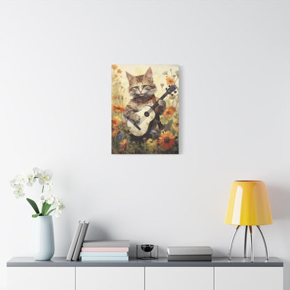 Cat Playing Music Floral Stretched Canvas Print 1.25" Thick