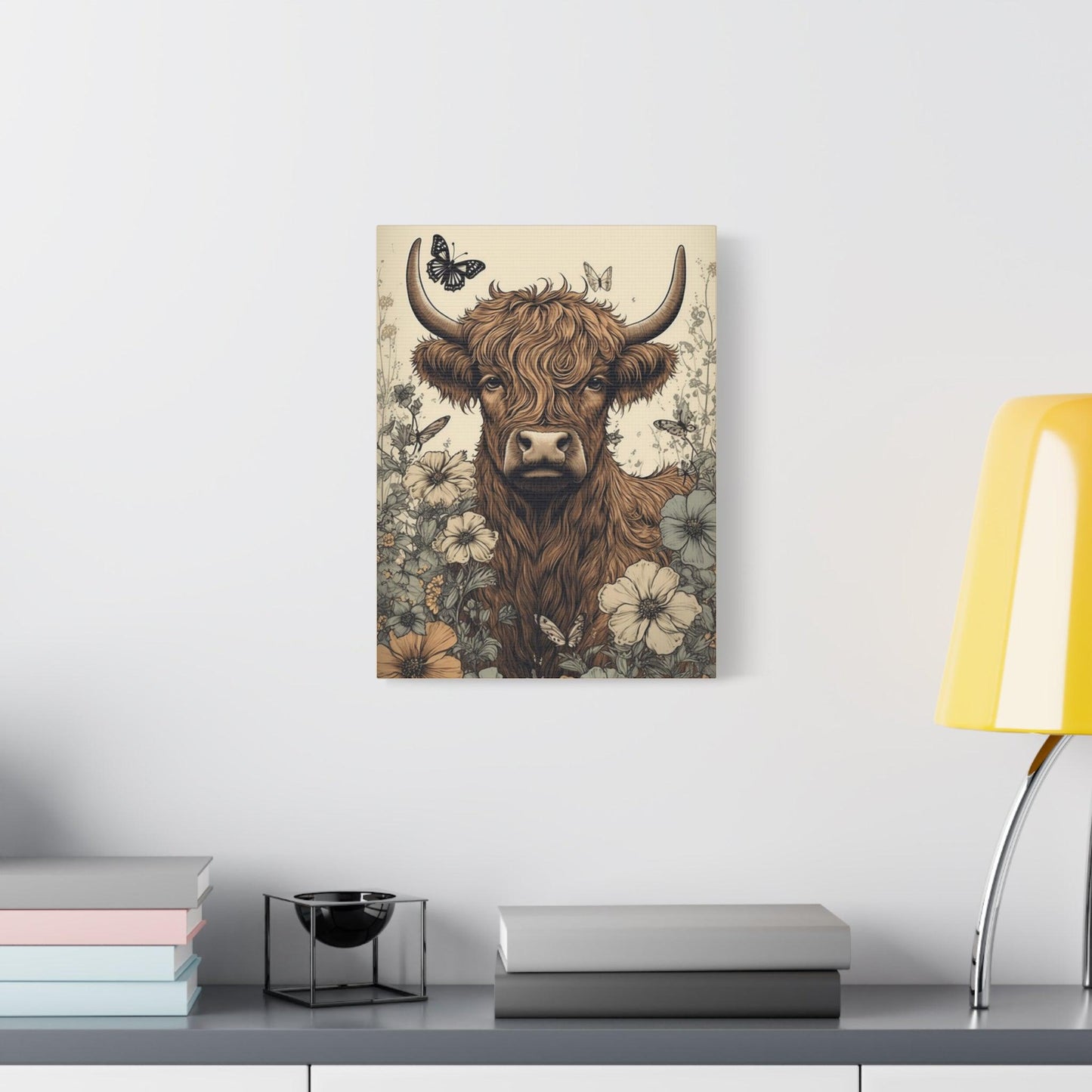 Highland Cow in a Spring Pasture Stretched Canvas Print Stretched 1.25" Thick