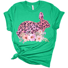 Cute Easter Bunny Flower Bed Pink Leopard Print Women's Bella Easter T-Shirt