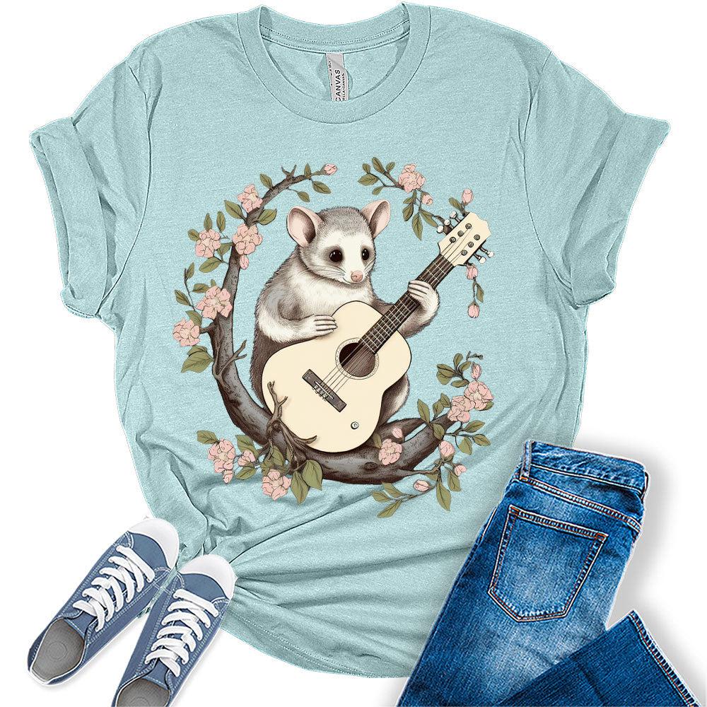Possum Playing Guitar Shirt Womens Cottagecore Aesthetic T-Shirt