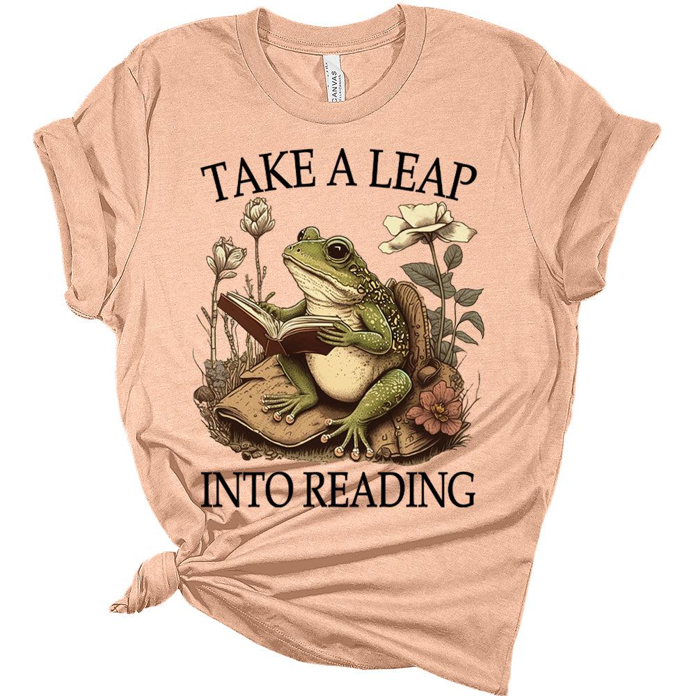 Womens Frog Reading Teacher Shirt Take A Leap Into Reading T-Shirt Funny Graphic Tee
