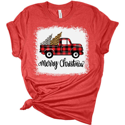 Christmas Tree Red Truck Pajama Vintage Buffalo Plaid Truck Bleach Print Bella T-Shirt