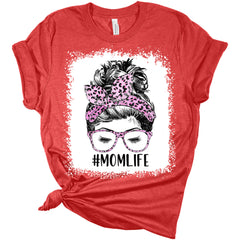 Mom Life Bleached Print Shirt With Hair Bun Leopard Print Women's Bella Mom T-Shirt