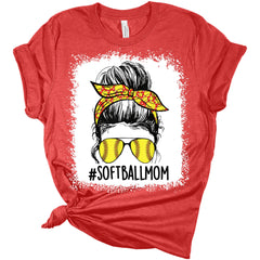 Softball Mom Life Bleached Print Shirt with Hair Bun Women's Bella Softball Mom T-Shirt