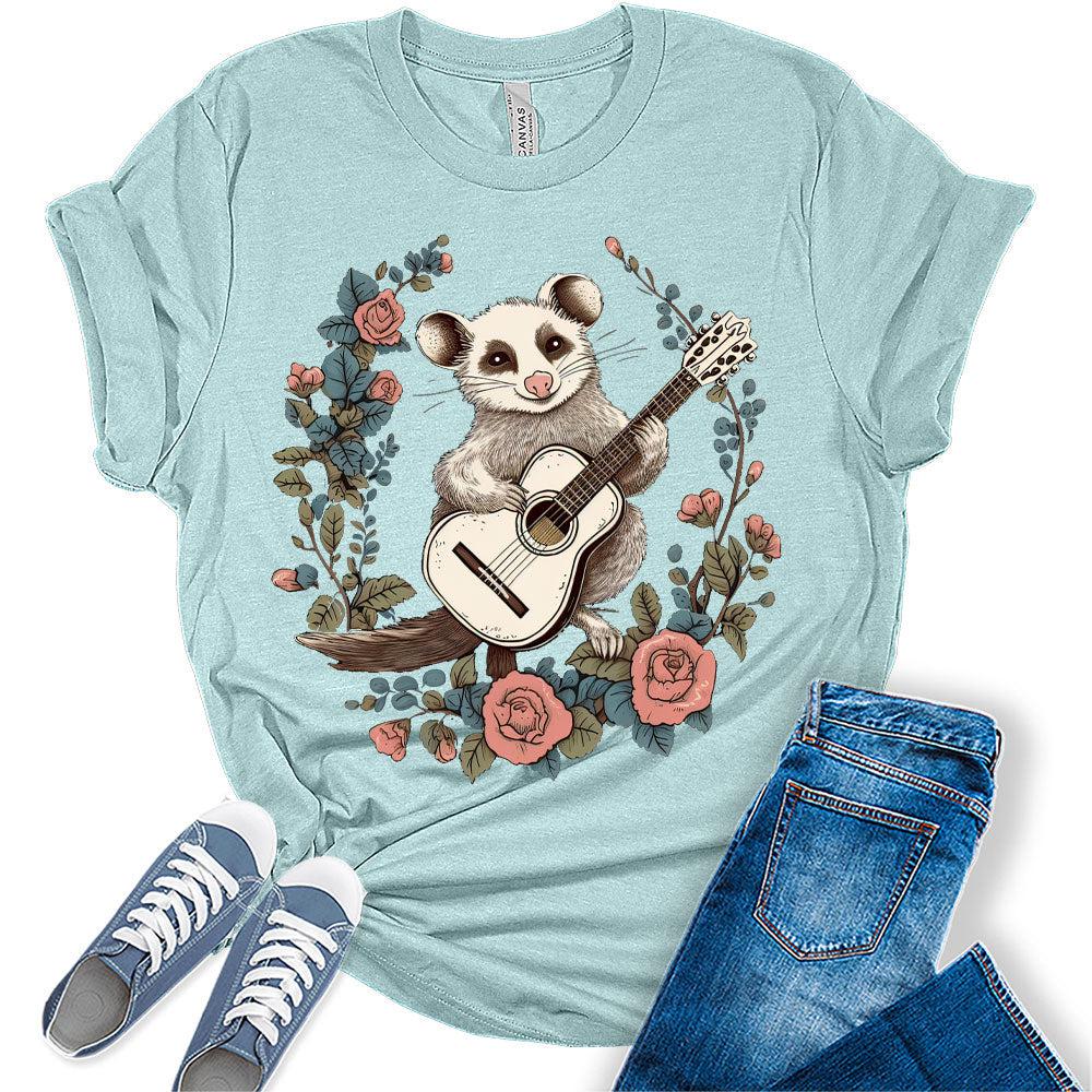 Possum Playing Guitar Floral Shirt Womens Cottagecore Aesthetic T-Shirt