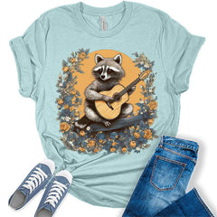 Cottagecore Raccoon Playing Guitar Floral T-Shirt