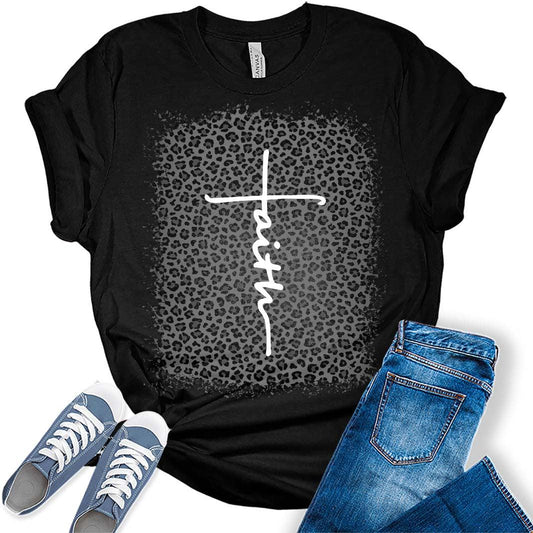 Faith Cross Women's Graphic Leopard Bleach Print T-Shirt
