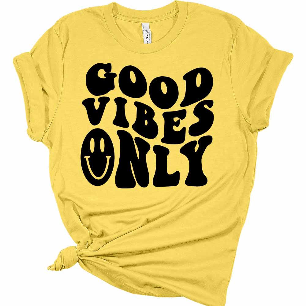 Womens Good Vibes Only Shirt Retro T-Shirt Groovy Graphic Tees Letter Print Vintage Summer Tops