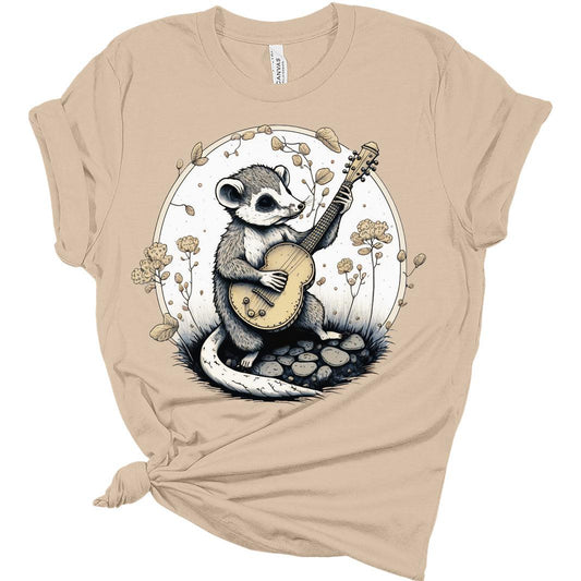 Womens Possum Shirt Cute Animal Playing Guitar T Shirts Cottagecore Clothing Aesthetic Graphic Tees