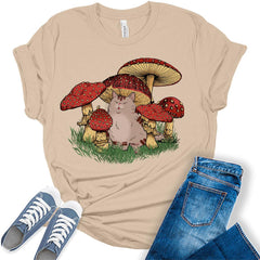Mushroom Cat Womens Cottagecore Shirts Cute Mushroom Clothes Graphic Aesthetic T-Shirt