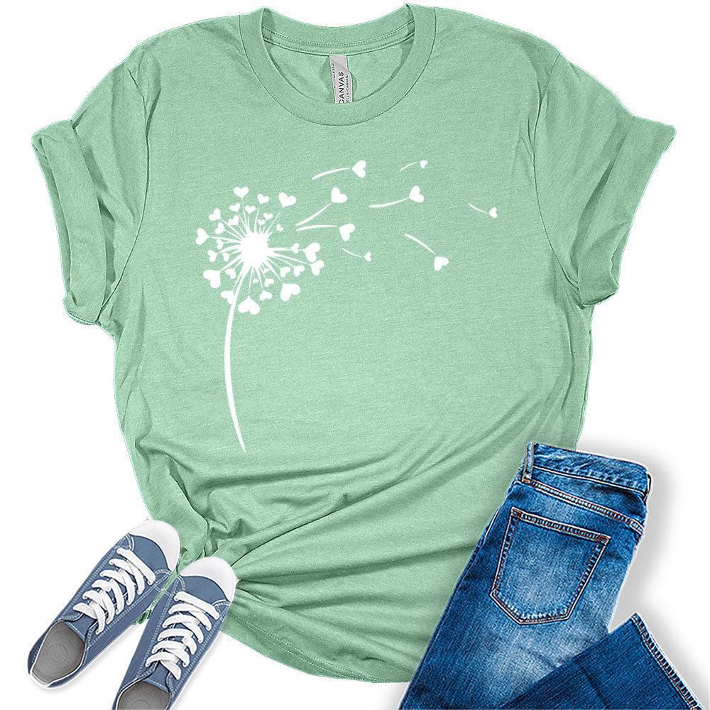 Womens Dandelion Shirt Casual Ladies Cute Floral Graphic Tees Spring Short Sleeve Plus Size Summer Tops for Women
