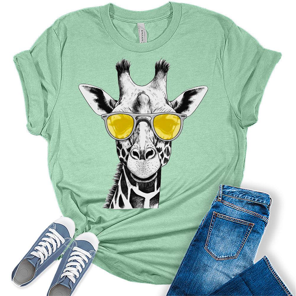 Womens Trendy Giraffe With Yellow Glasses Casual Ladies Cute Graphic Tees Spring Short Sleeve T Shirts Plus Size Summer Tops