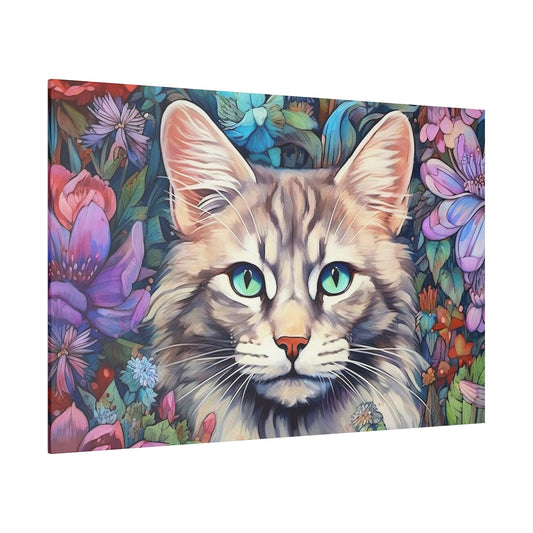 Purple Floral Cat Watercolor Stretched Canvas Print .75" Thick