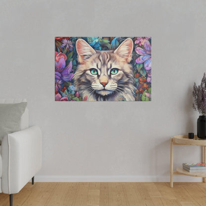 Purple Floral Cat Watercolor Stretched Canvas Print .75" Thick