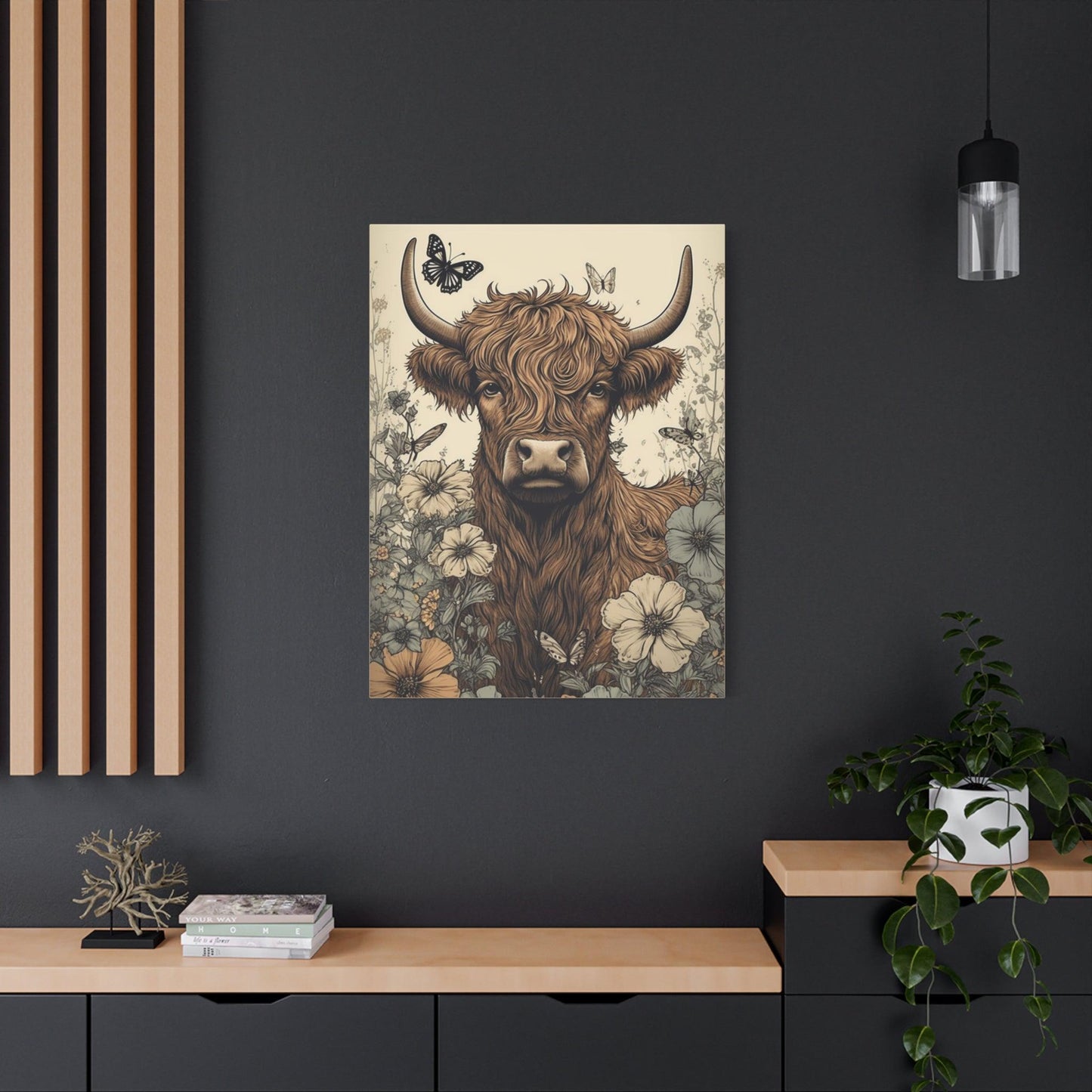 Highland Cow in a Spring Pasture Stretched Canvas Print Stretched 1.25" Thick