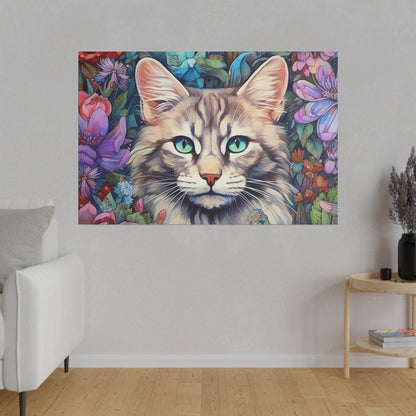 Purple Floral Cat Watercolor Stretched Canvas Print .75" Thick