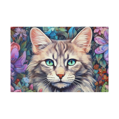 Purple Floral Cat Watercolor Stretched Canvas Print .75" Thick