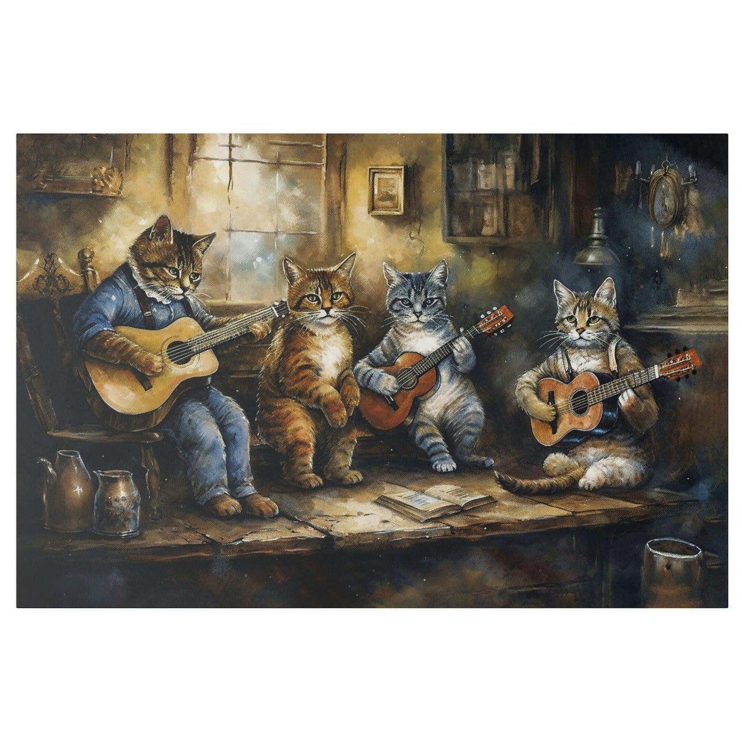 Cats Playing Guitar In Pub Watercolor Matte Canvas, Stretched, 0.75"