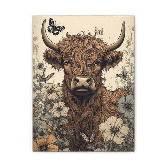 Highland Cow in a Spring Pasture Stretched Canvas Print Stretched 1.25" Thick