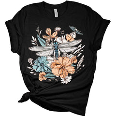 Womens Dragonfly Shirt Cute Cottagecore Floral Aesthetic Girls Graphic T-Shirt Short Sleeve Top