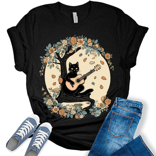 Womens Cat Shirt Cottagecore Clothing Cat Playing Guitar T-Shirts Cute Floral Short Sleeve Graphic Tees Plus Size Summer Tops