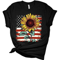 Womens 4th of July Shirts American Flag Sunflower Patriotic Tshirts USA Short Sleeve Casual Graphic Tees Plus Size Tops