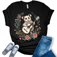 Possum Playing Guitar Floral Shirt Womens Cottagecore Aesthetic T-Shirt