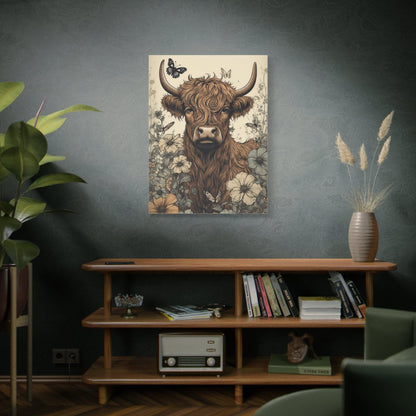 Highland Cow in a Spring Pasture Stretched Canvas Print Stretched 1.25" Thick