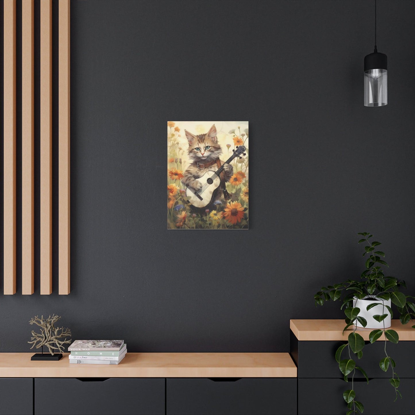 Cat Playing Music Floral Stretched Canvas Print 1.25" Thick