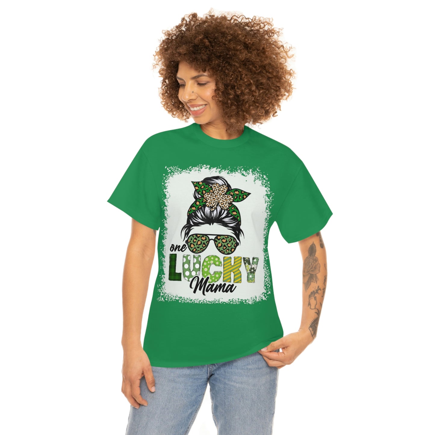 Womens One Lucky Mama Shirt Leopard Shamrock St Patricks Day Mom T-Shirt Irish Graphic Print Tee