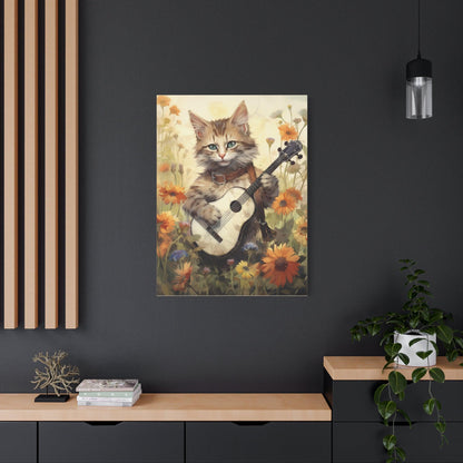 Cat Playing Music Floral Stretched Canvas Print 1.25" Thick