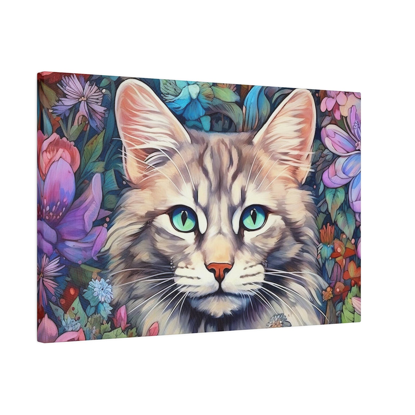 Purple Floral Cat Watercolor Stretched Canvas Print .75" Thick