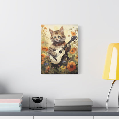 Cat Playing Music Floral Stretched Canvas Print 1.25" Thick